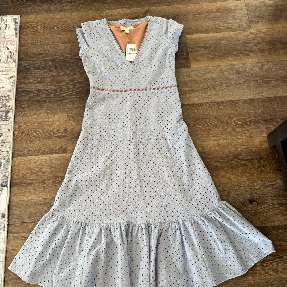 Michael Kors Light Blue Eyelet V-Neck Midi Dress